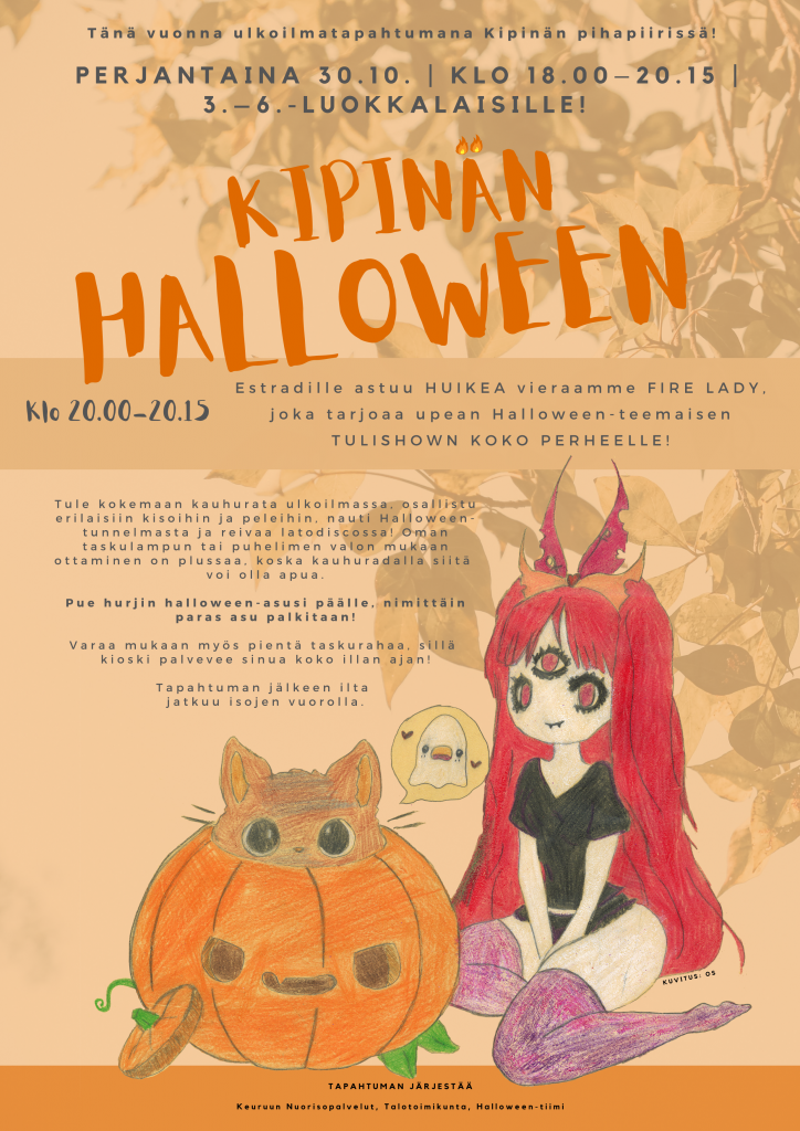 Mainos Kipinän Halloween-tapahtumasta. Tekstinä saavutettavissa alla.